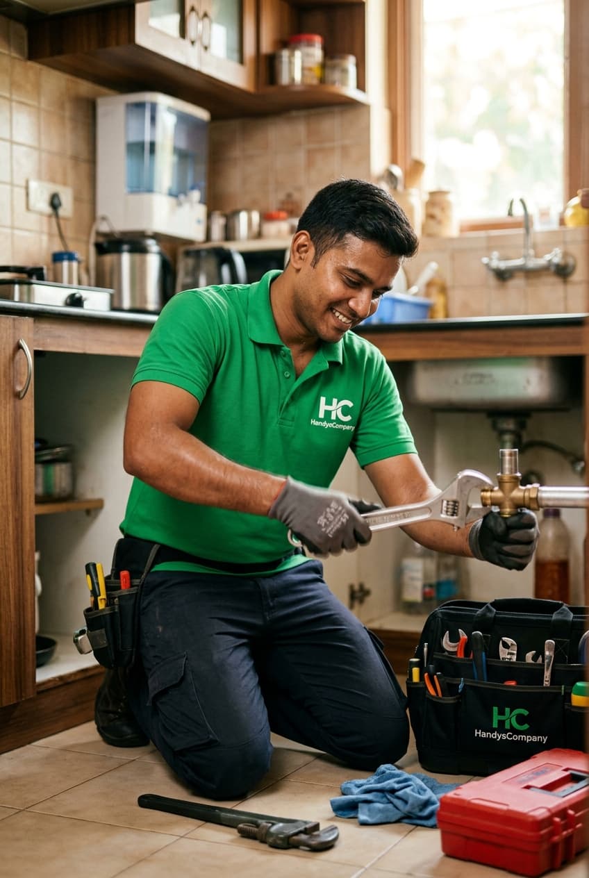 HandysCompany Verified Technician in Bright Green Polo Uniform actively repairing with tools